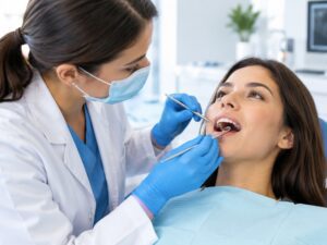 dentist examining a broken tooth on an X-ray
